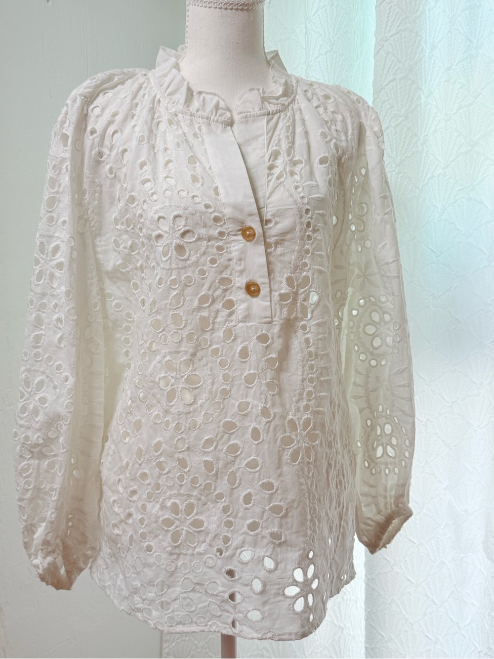 White Eyelet Peasant Blouse - Lightweight Feminine Top